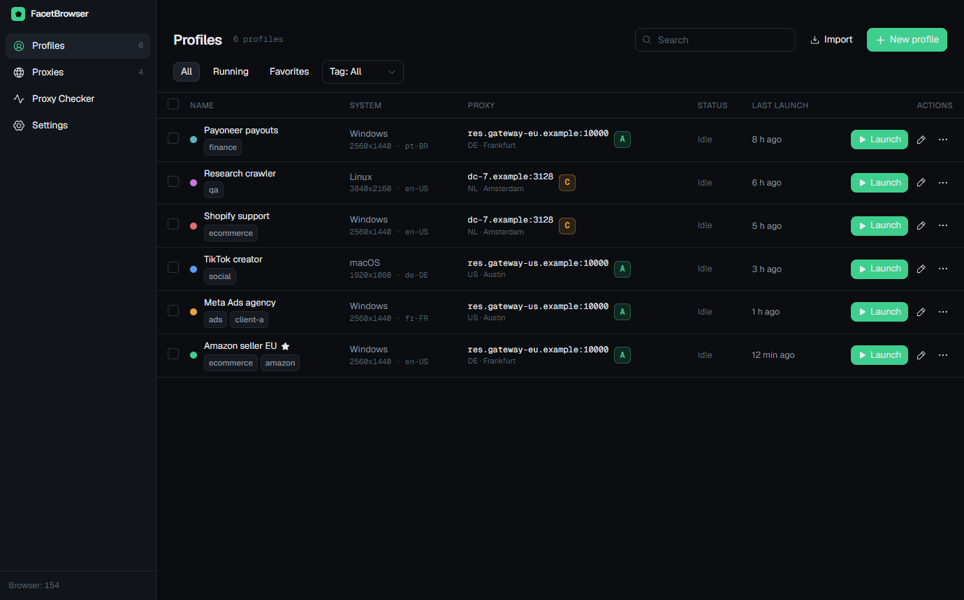 FacetBrowser profile list with proxies, status and quality grades